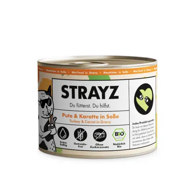 STRAYZ Kalkon & Morot i Sås, Extra Såsig, Spannmålsfri, Utan tillsatt socker, Naturligt ekologisk. Varje produkt bidrar. Ekologisk märkning synlig. STRAYZ Kalkon & Morot i Sås, Extra Såsig, Spannmålsfri, Utan tillsatt socker, Naturligt ekologisk. Varje produkt bidrar. Ekologisk märkning synlig.