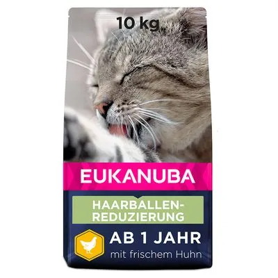 EUKANUBA kattenvoer 10 kg, haarballen-reductie, ab 1 Jahr, mit frischem Huhn. Tekst deels in het Duits.