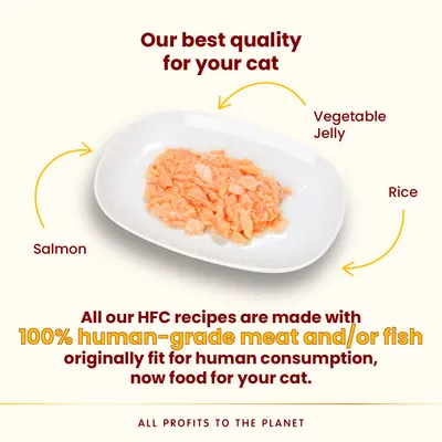 Our best quality for your cat. Salmon, vegetable jelly, rice. All our HFC recipes are made with 100% human-grade meat and/or fish originally fit for human consumption, now food for your cat.