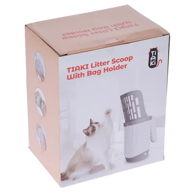 TIAKI Litter Scoop con soporte para bolsas, el envase muestra el producto y un gato. Instrucciones en imágenes para usar el soporte para bolsas.