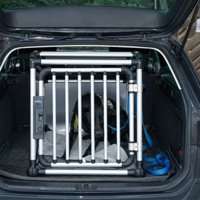 Transportbox aus Metall und Kunststoff im Kofferraum eines Autos, mit einem Hund darin. Geeignet für sichere Tierbeförderung.