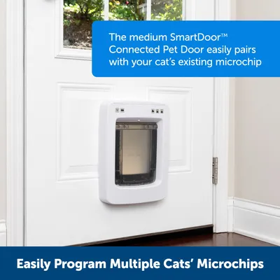 Medium SmartDoor™ Connected Pet Door, kompatybilne z mikrochipem Twojego kota. Łatwe programowanie dla wielu mikrochipów kotów.