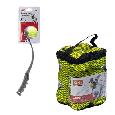 Lanceur de balle de tennis Karlie avec une balle, emballé sous blister, et sac filet Karlie Smash! contenant plusieurs balles de tennis jaunes pour chien. Marques et textes visibles inclus.