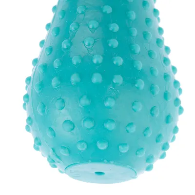 Turkost leksak med noppor, droppformad design av plast.