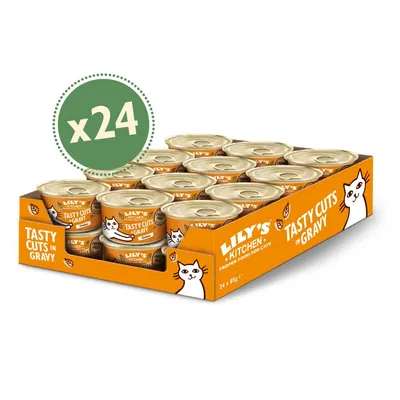 Tray of 24 cans labelled 'Tasty Cuts in Gravy', each can 85g. Text on packaging highlights product as 'Proper Food for Cats'.