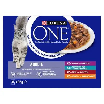Purina ONE Adulte, 8 x 85 g. Variétés : 2x agneau et carottes, 2x poisson de mer et haricots verts, 2x bœuf et carottes, 2x poulet et haricots verts. Soutient vitalité et articulations.