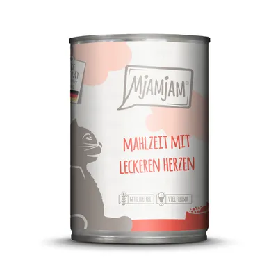 MjAMjAM Mahlzeit mit leckeren Herzen, getreidefrei, viel Fleisch. Illustration einer Katze auf der Verpackung.
