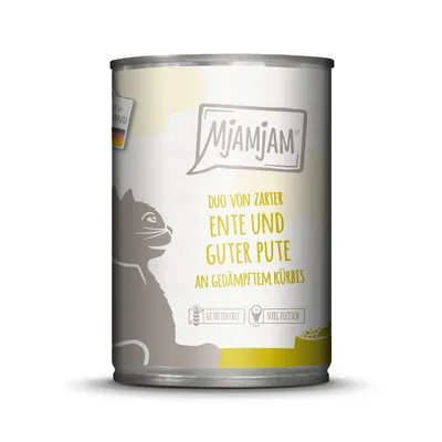 MjAMjAM Duo von zarter Ente und guter Pute an gedämpftem Kürbis. Getreidefrei, viel Fleisch. Hergestellt in Deutschland.