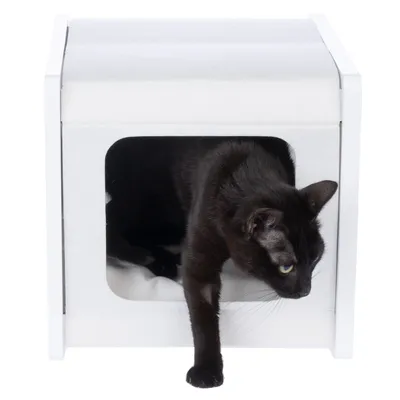 Black cat leaving a white cat cave with a rectangular entrance.