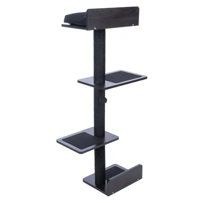 Arbre à chat en bois foncé avec quatre plateformes carrées, poteau central recouvert de corde noire et coussin sur la plateforme supérieure. Aucun animal ni marque visible.