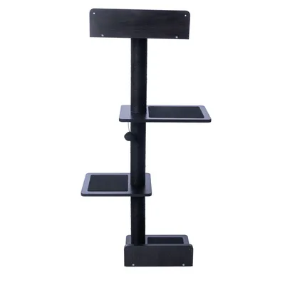 Arbre à chat noir avec trois plateformes carrées en bois, poteau central recouvert de corde, base rectangulaire et jouet suspendu visible sous la deuxième plateforme.