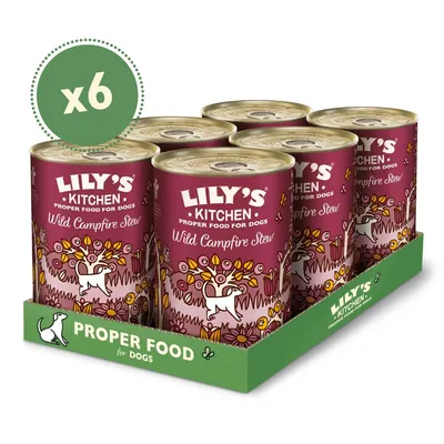 Six cans of Lily's Kitchen Wild Campfire Stew proper food for dogs in a green tray, with a label showing x6.