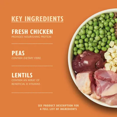 Key ingredients listed: fresh chicken provides nourishing protein, peas contain dietary fibre, lentils offer beneficial B vitamins. See product description for full ingredient list.
