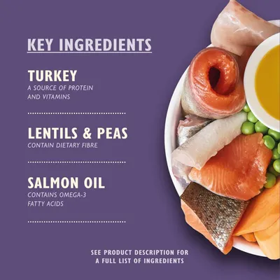 Key ingredients: turkey, a source of protein and vitamins; lentils and peas, contain dietary fibre; salmon oil, contains omega-3 fatty acids. See product description for full list.