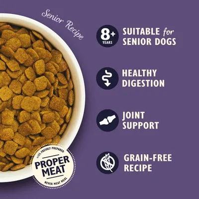 Senior recipe suitable for dogs aged 8 years and over, supports healthy digestion and joints, grain-free recipe, made with freshly prepared proper meat, never meat meal.