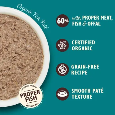 Organic fish paté with 60% proper meat, fish and offal. Certified organic, grain-free recipe, smooth paté texture, made with freshly prepared proper fish, never fish meal.