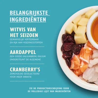 Belangrijkste ingrediënten: witvis van het seizoen, aardappel, cranberry’s. Zie de productomschrijving voor de volledige lijst van ingrediënten.