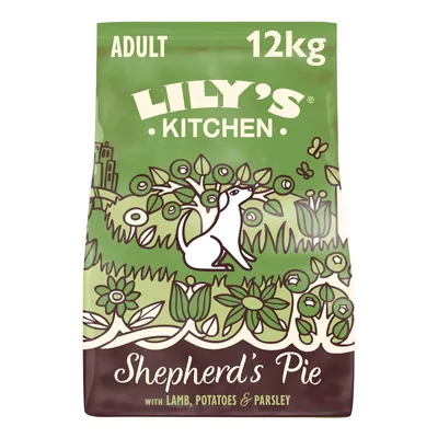 Adult 12kg Lily's Kitchen Shepherd's Pie with lamb, potatoes and parsley, as shown on product packaging.