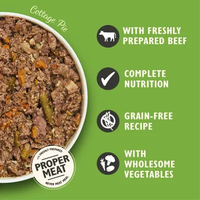 Cottage Pie with freshly prepared beef, complete nutrition, grain-free recipe, and wholesome vegetables. Proper Meat, never meat meal.