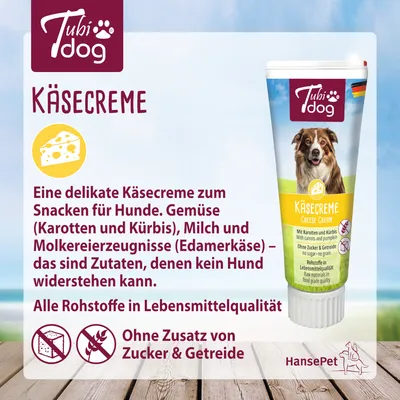 TubiDog Käsecreme für Hunde mit Karotten, Kürbis und Edamerkäse. Ohne Zucker & Getreide. Alle Rohstoffe in Lebensmittelqualität. Hersteller: HansePet.