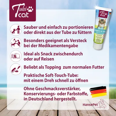 TubiCat Leckpaste mit Krill. Einfach zu portionieren, ideal als Snack oder Topping, geeignet für Medikamentengabe. Ohne Geschmacksverstärker, hergestellt in Deutschland.