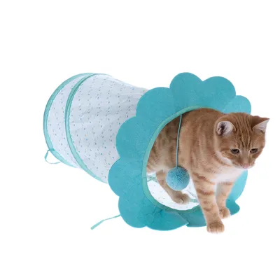 Cat tunnel in blue with polka dot pattern and hanging play ball, cat crawling through the tunnel.