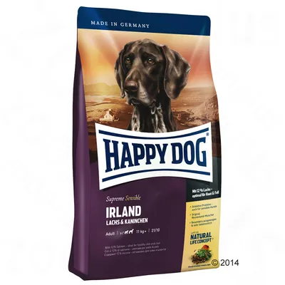 Hundfoderpåse med texten Happy Dog Supreme Sensible Irland Lachs & Kaninchen, Adult, 11 kg. Made in Germany. Märkt med Natural Life Concept och information om laxhalt.