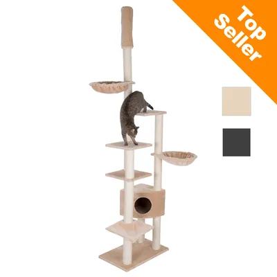 Klösträd i beige tyg och sisal med flera plattformar, två runda bäddar, en kubformad koja och en katt som klättrar. Text: Top Seller. Färgval visas: beige och svart.
