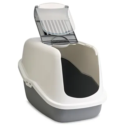 Geschlossene Katzentoilette mit Klappdeckel und integriertem Filter, weiss-graues Design.