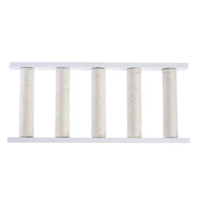 Krabplank met vijf verticale sisalrollen en wit houten frame, geschikt voor nagelverzorging.