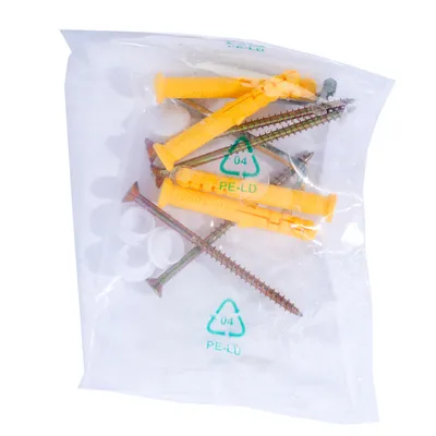 Sachet transparent contenant 4 vis métalliques, 4 chevilles en plastique jaune et 4 rondelles blanches, symbole de recyclage PE-LD 04 visible sur l’emballage.