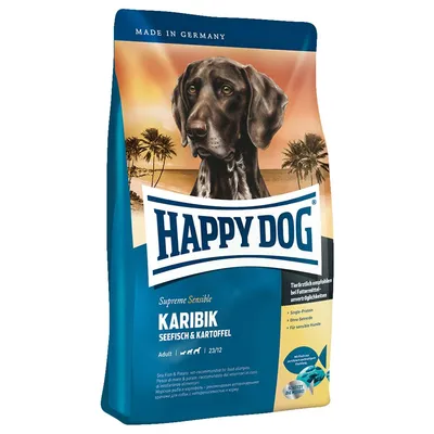 Happy Dog Supreme Sensible Karibik Seefisch & Kartoffel, Adult, 23/12. Tekst: Made in Germany, Single-Protein, Ohne Getreide, Für sensible Hunde. Billede af hund på posen.