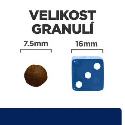 Porovnanie veľkosti granule 7,5 mm a kocky 16 mm. Text: VELIKOST GRANULÍ, 7.5 mm, 16 mm. Text je v češtine.