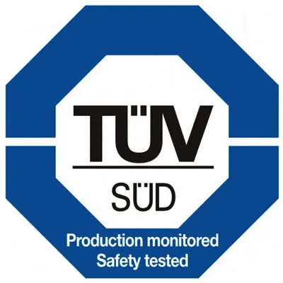 TÜV SÜD. Production monitored. Safety tested. Tekst w języku angielskim.