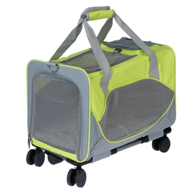 Transporttaske med hjul, grå og gul, netvindue for ventilation, bærehåndtag og aftagelige skulderstropper.