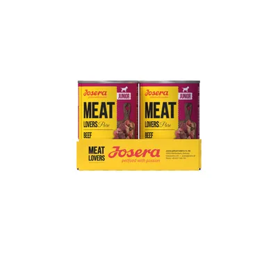 Josera Meat Lovers Pure Junior Beef. Dve konzervy so žltým a červeným dizajnom, obrázok mäsa a text „petfood with passion“.