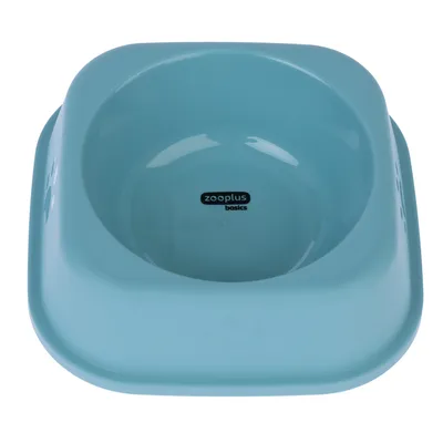 Zooplus Basics plastic feeding bowl in light blue, square shape with rounded corners.