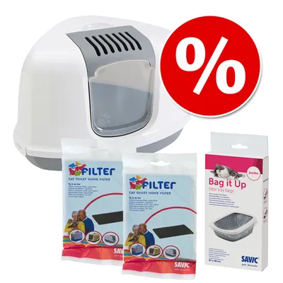 Set za mačji WC: zatvoreni WC s vratima, 2 pakiranja Savic filtera i jumbo vrećice Bag it Up za pijesak, vidljiv simbol popusta.