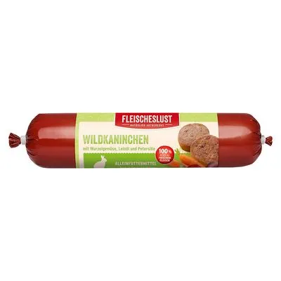 Fleischeslust Wildkaninchen, met wortelgroente, lijnzaad en peterselie. 100% vers vlees. Alleinfuttermittel staat op de verpakking.