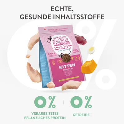 Schesir Born Carnivore Baby Kitten, Huhn mit Ei, 43% Protein, 0% verarbeitetes pflanzliches Protein, 0% Getreide. Echte, gesunde Inhaltsstoffe.