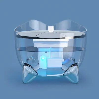 Transparenter Wasserbehälter mit integriertem Filtersystem und blauem LED-Licht, geeignet für Haustiertränken.