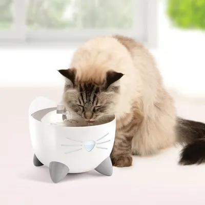 Katze trinkt aus einem weissen Trinkbrunnen mit katzenförmigem Design und grauen Füssen.