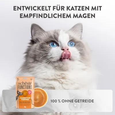 Schesir Functions Digestive Topper, entwickelt für Katzen mit empfindlichem Magen, 100 % ohne Getreide. Verpackung und Produktabbildung sichtbar.