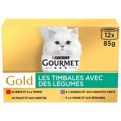 Purina Gourmet Gold LES TIMBALES AVEC DES LÉGUMES, 12×85g. Príchute: hovädzie s paradajkou, kuracie s mrkvou, jahňacie so zelenými fazuľkami, morčacie so špenátom (text vo francúzštine).