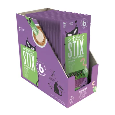 Schesir Stix Cat Creamy Snacks con pato, sin cereales, 6 raciones individuales. Para gatos adultos. Instrucciones de apertura visibles.