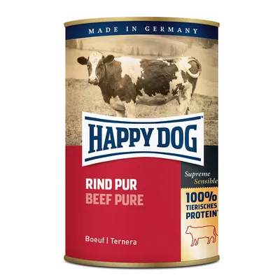 Confezione di Happy Dog Rind Pur Beef Pure, Supreme Sensible, 100% tierisches Protein, Made in Germany, Boeuf Ternera. Immagine di una mucca sull'etichetta.