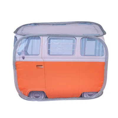 Spielzelt in Form eines orange-weissen VW-Busses mit Fenstern und Dachdetails, geeignet für Kinder oder Haustiere.