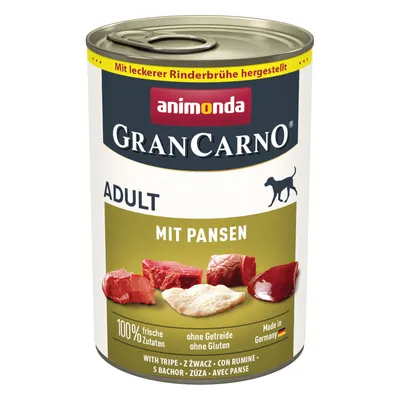 Animonda GranCarno Adult with tripe, made with tasty beef broth. 100% fresh ingredients, grain-free, gluten-free. Made in Germany.