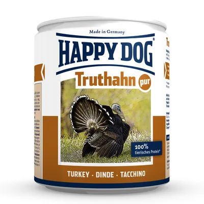 Lata de comida para perros Happy Dog Truthahn pur, texto visible: Made in Germany, 100% tierisches Protein, TURKEY • DINDE • TACCHINO, imagen de un pavo en la etiqueta.