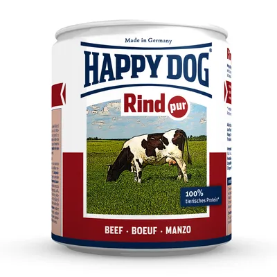 Lata de comida para perros Happy Dog Rind pur, texto visible: Made in Germany, 100 % tierisches Protein*, BEEF • BOEUF • MANZO. Imagen de vaca en campo.